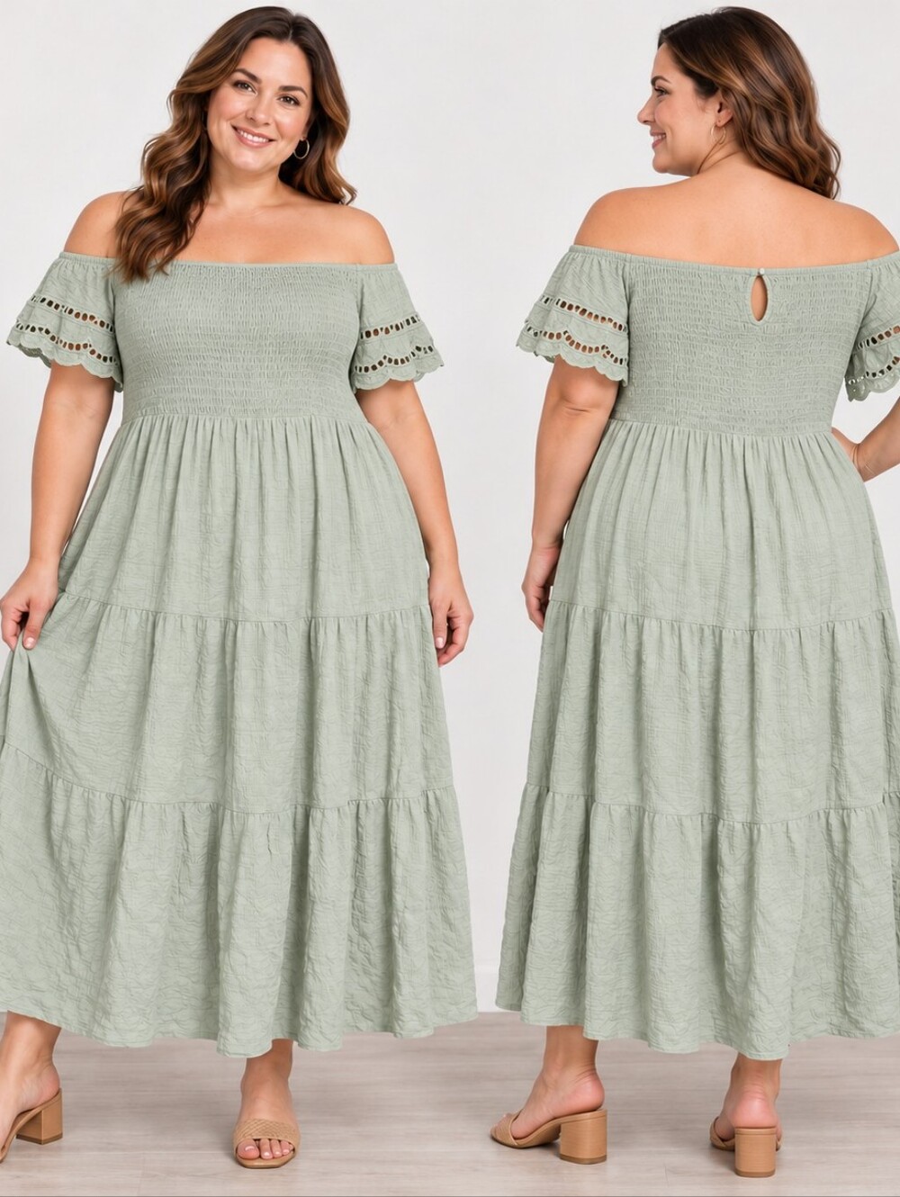 BloomChic 22/24W Sage Green Tiered Maxi Dress Cottagecore Boho Coastal Casual